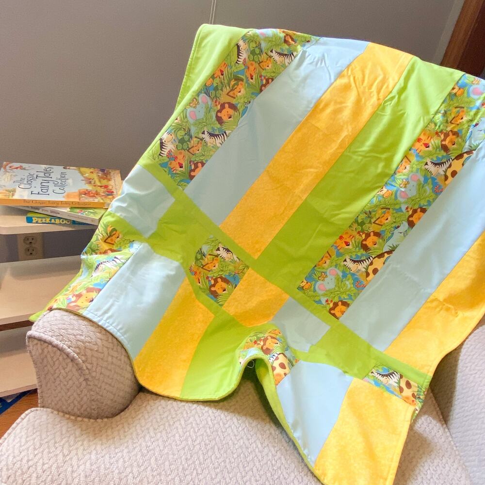 Baby Blanket Handmade Jungle Animal Theme Color Block Green Blue Yellow New